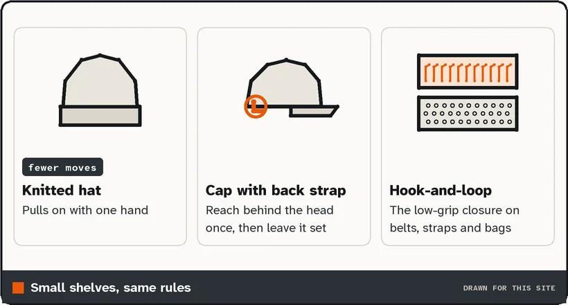 Drawings of a knitted hat, a cap with a back strap, and a hook-and-loop strip