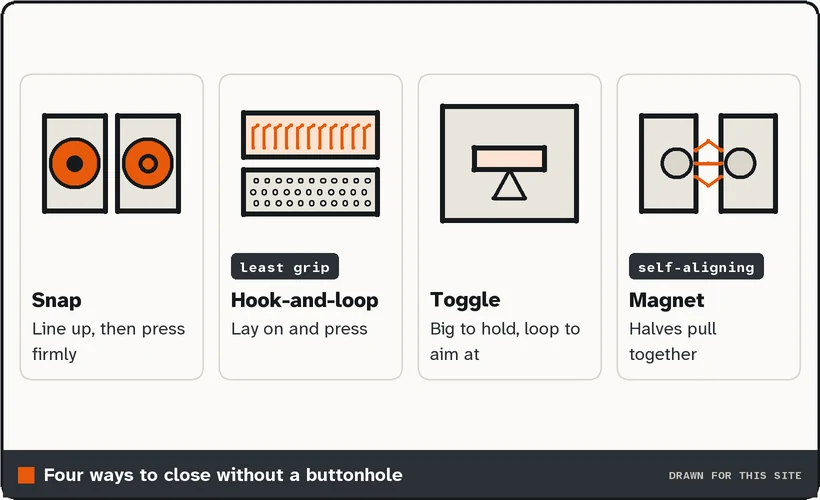 Drawings of a snap fastener, a hook-and-loop strip, a toggle and two magnets