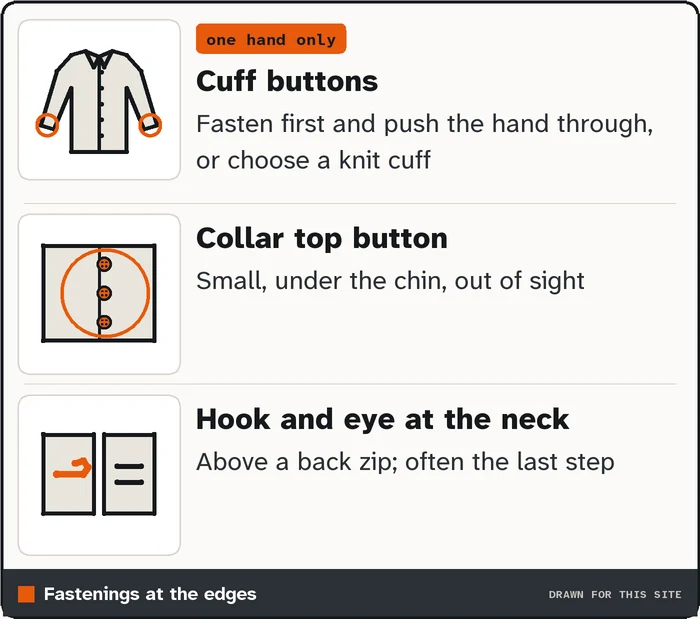 Drawing of a shirt with the cuff buttons marked, and notes on collar and neck fastenings