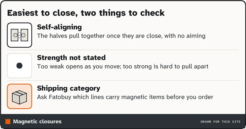Drawing of two magnets on fabric tabs pulling together, with notes on strength and shipping