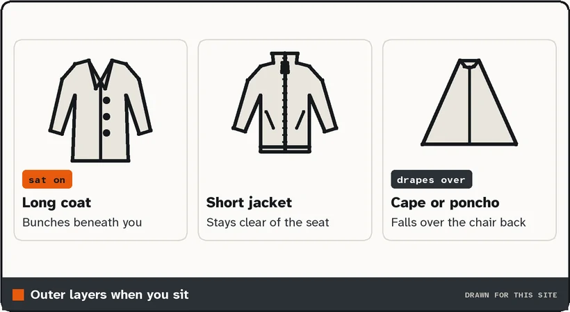 Drawings of a long coat, a short zip jacket and a cape, with notes on sitting in each