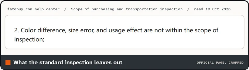 Screenshot of Fatobuy's inspection scope text stating that color difference, size error and usage effect are not within the scope of inspection